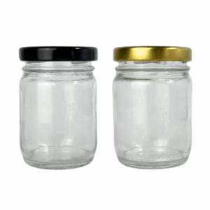 Bollón de vidrio 100ml con tapa metálica negra o dorada, ideal para cremas, velas, cosmética natural o almacenamiento de productos a granel. Diseño elegante y compacto. bollon de vidrio con tapa negra negro dorada dorado 100ml