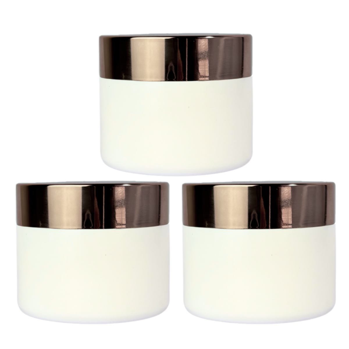 Pote de vidrio blanco esmerilado de 50g con tapa rosa pálido, ideal para cremas y productos cosméticos.