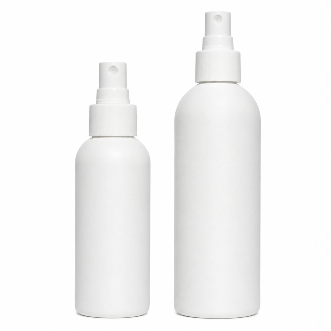 Frascos plásticos blancos con válvula spray atomizadora en colores natural transparente blanco negro celeste rosa y verde 120ml y 250ml - PENFER Uruguay