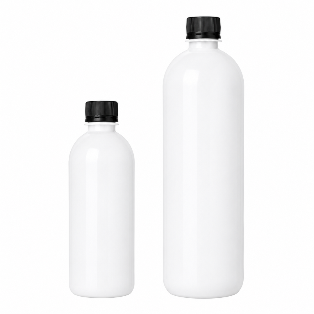 Botellas plásticas PET blancas con tapa ciega precintada negra en tamaños 500ml y 1000ml para cosméticos y productos de limpieza - PENFER Uruguay