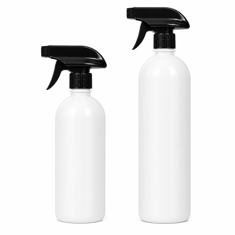 Botellas plásticas PET blancas con gatillo pulverizador spray en colores blanco negro y natural transparente 500ml y 1000ml para limpieza y cosméticos